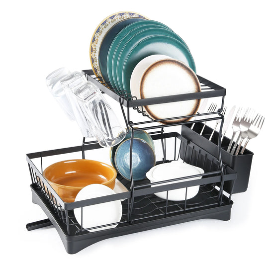 2-Tier Kitchen Storage Rack with Dish Drainer, Drip Tray, Utensil Holder, Swivel Spout, and Draining Board
