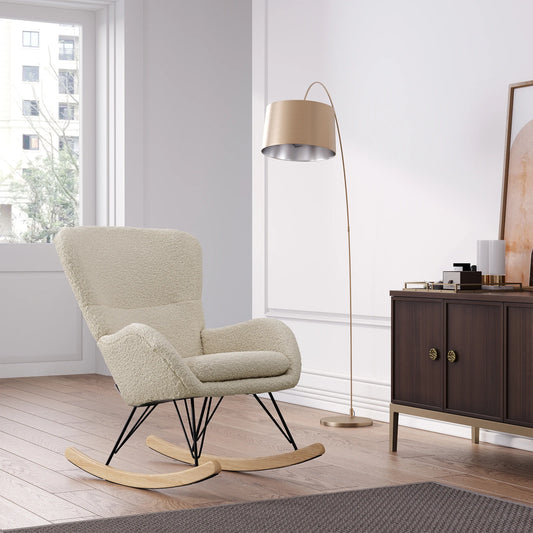 Beige Contemporary Faux Wool Rocking Chair with Cushion