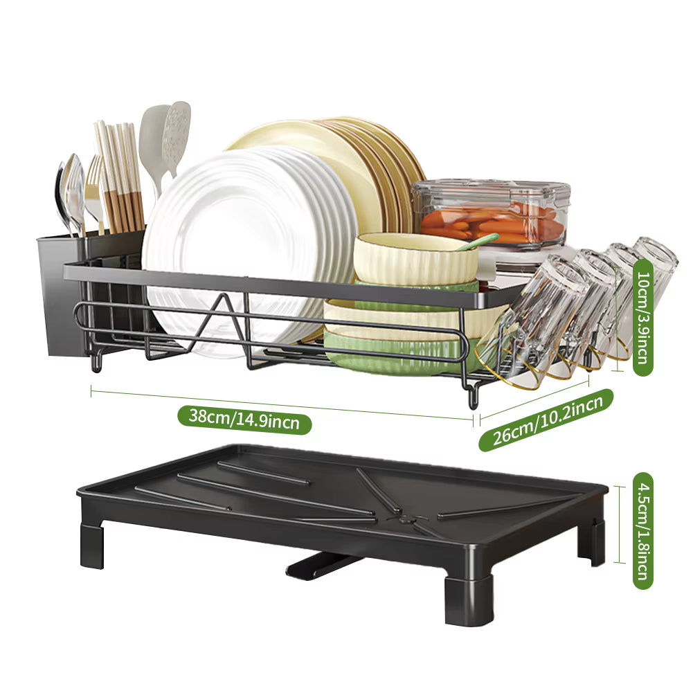 Black Single Layer Dish Rack and Drainer, Steel Plate and Bowl Organizer, 50 x 25 x 20 cm