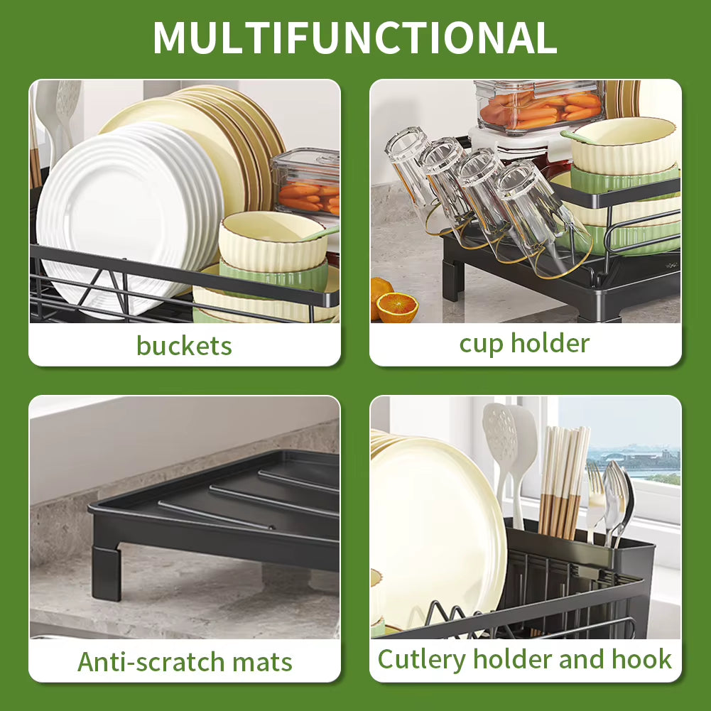 Black Single Layer Dish Rack and Drainer, Steel Plate and Bowl Organizer, 50 x 25 x 20 cm