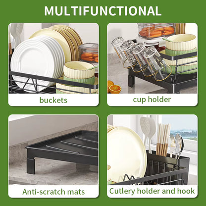 Black Single Layer Dish Rack and Drainer, Steel Plate and Bowl Organizer, 50 x 25 x 20 cm