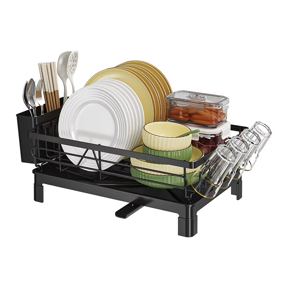 Black Single Layer Dish Rack and Drainer, Steel Plate and Bowl Organizer, 50 x 25 x 20 cm