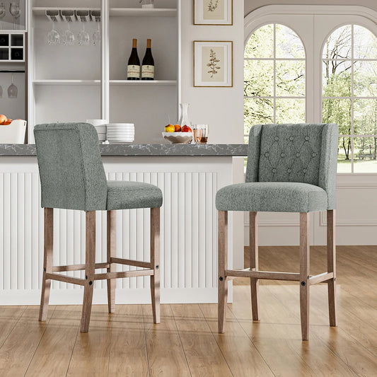 Elevate Your Space with Our Rustic Set of 2 Linen Tufted Bar Stools with Sturdy Wood Legs
