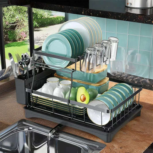 2-Tier Kitchen Storage Rack with Dish Drainer, Drip Tray, Utensil Holder, Swivel Spout, and Draining Board