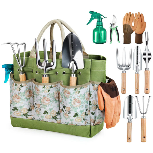 9-Piece Stainless Steel Garden Weeding Tool Set with Wooden Handles