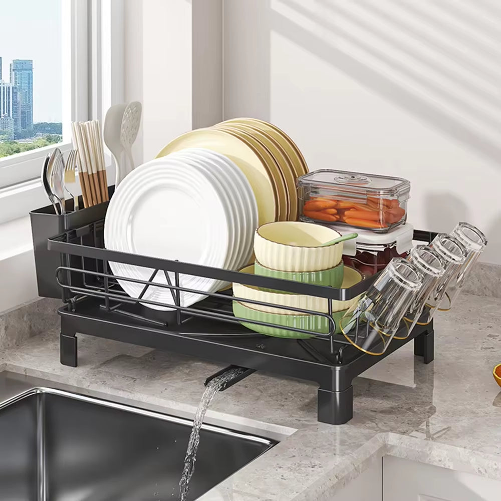 Black Single Layer Dish Rack and Drainer, Steel Plate and Bowl Organizer, 50 x 25 x 20 cm