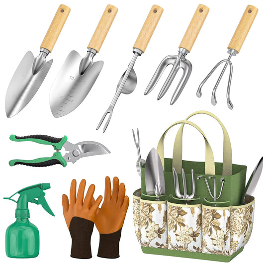 9-Piece Stainless Steel Garden Weeding Tool Set with Wooden Handles
